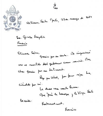 De puo y letra: la carta del papa Francisco a Scaglia