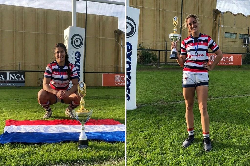 La paranaense Yanina Ortiz y la crespense Magdalena Castro, con un lauro más en el rugby rosarino. 
