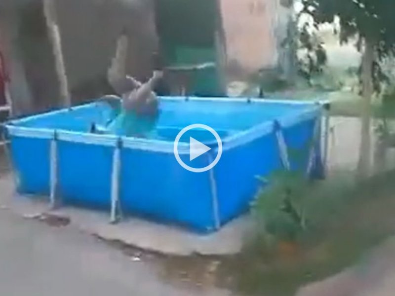 Video: un recolector de basura se tiró a una pileta en la vereda en plena jornada laboral en Rosario